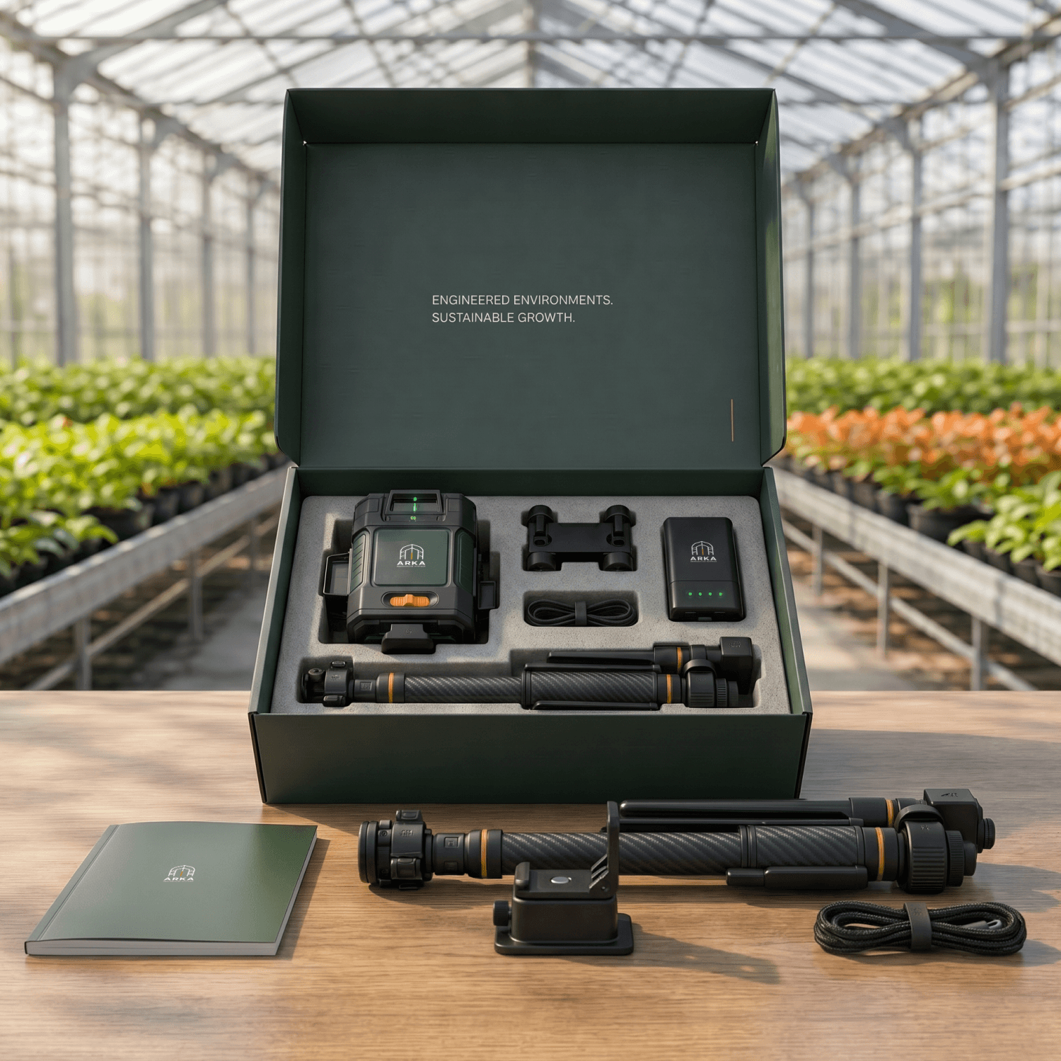 Открытая коробка ARKA с laser level kit и брендированными аксессуарами в теплице