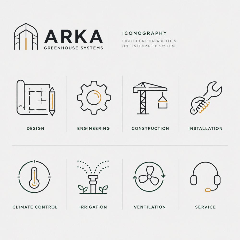 Набор фирменных иконок ARKA для инженерии, строительства, климат-контроля, вентиляции, сервиса и ирригации