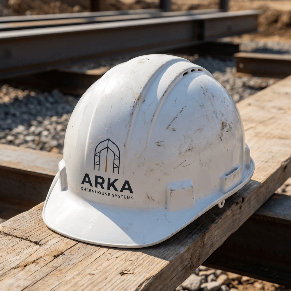 Строительная каска ARKA Greenhouse Systems с нанесением логотипа на строительной площадке