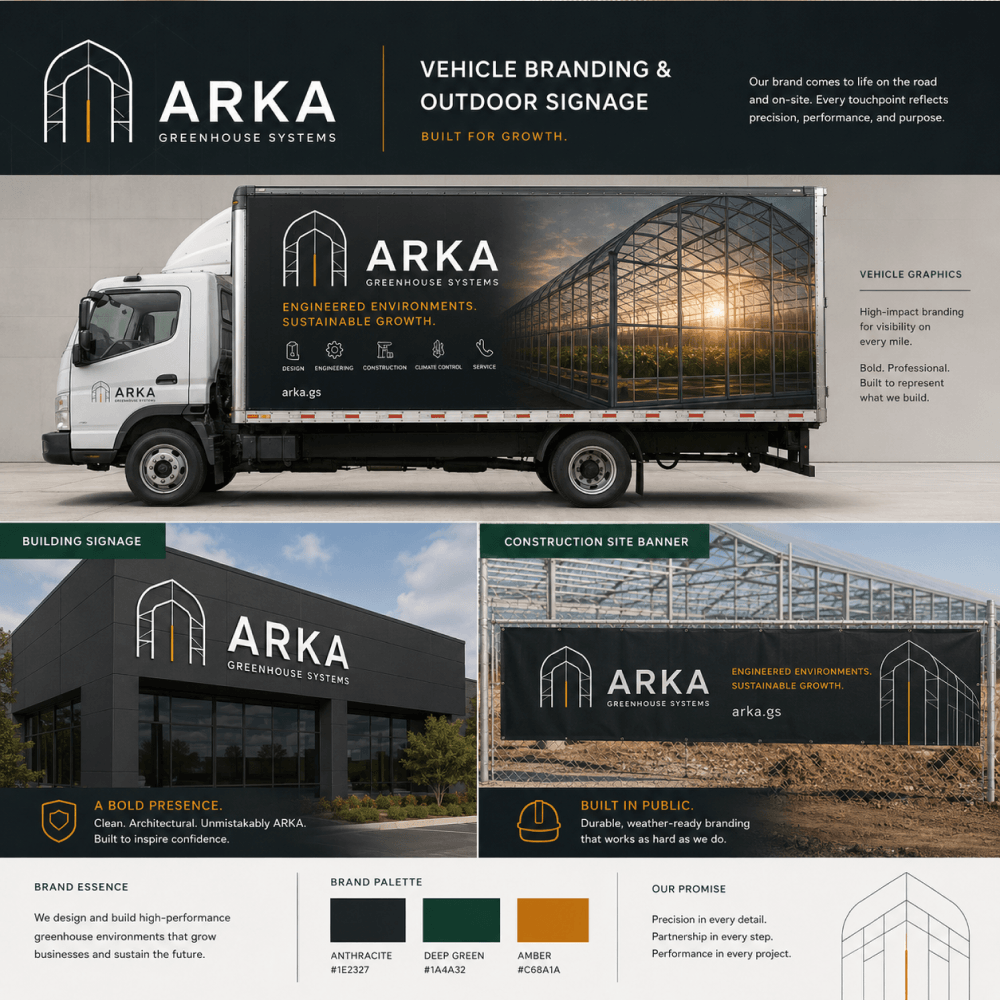 Айдентика ARKA Greenhouse Systems на примерах брендирования транспорта, фасадной вывески и строительного баннера