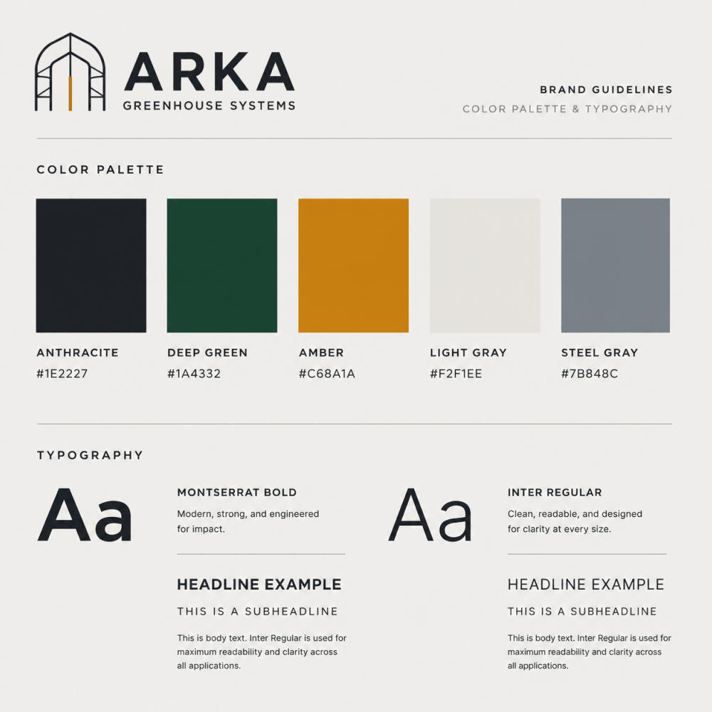 разработанная цветовая палитра бренда для ARKA Greenhouse Systems
