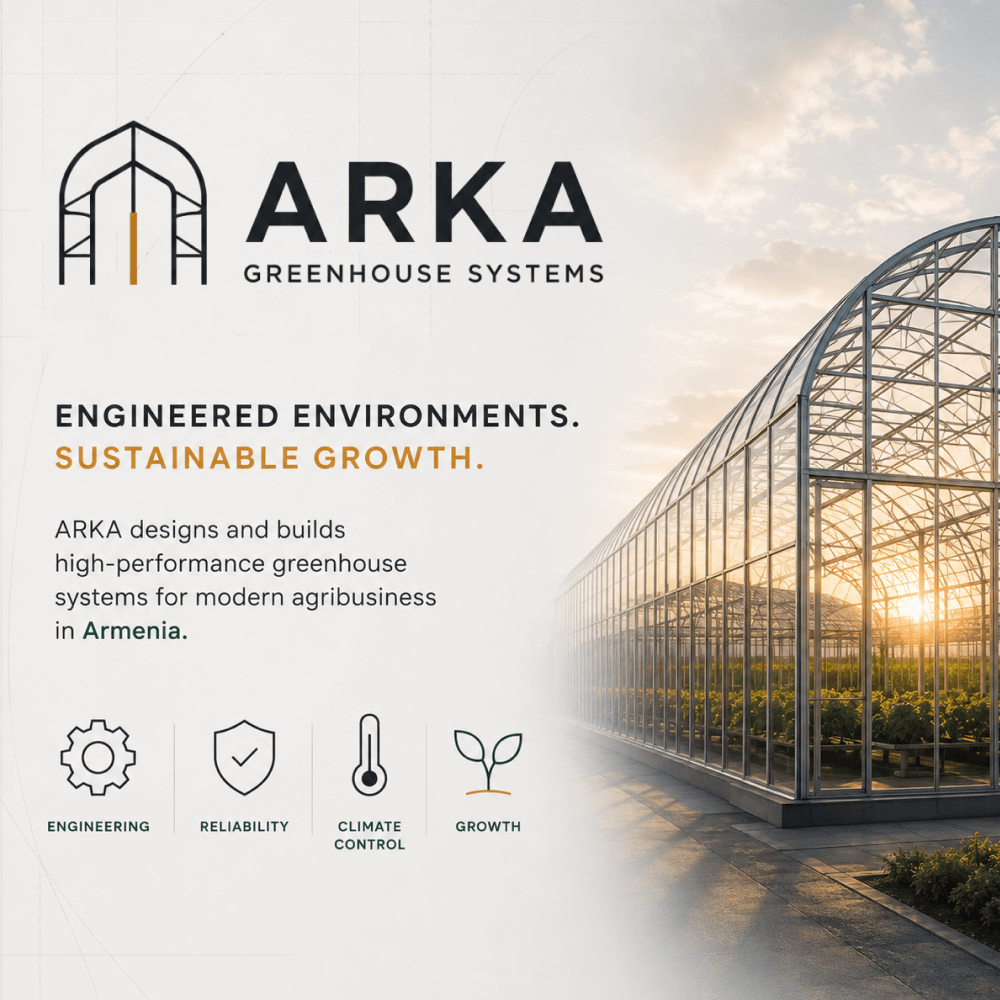 Имиджевый постер ARKA Greenhouse Systems с логотипом, слоганом и фотографией современной теплицы