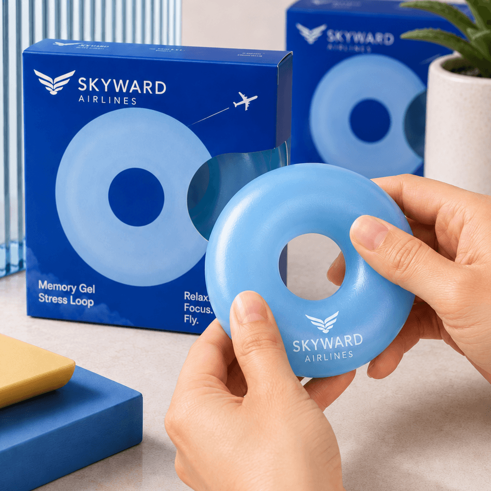 Антистресс пончик в руках с логотипом Skyward Airlines на фоне подарочной упаковки