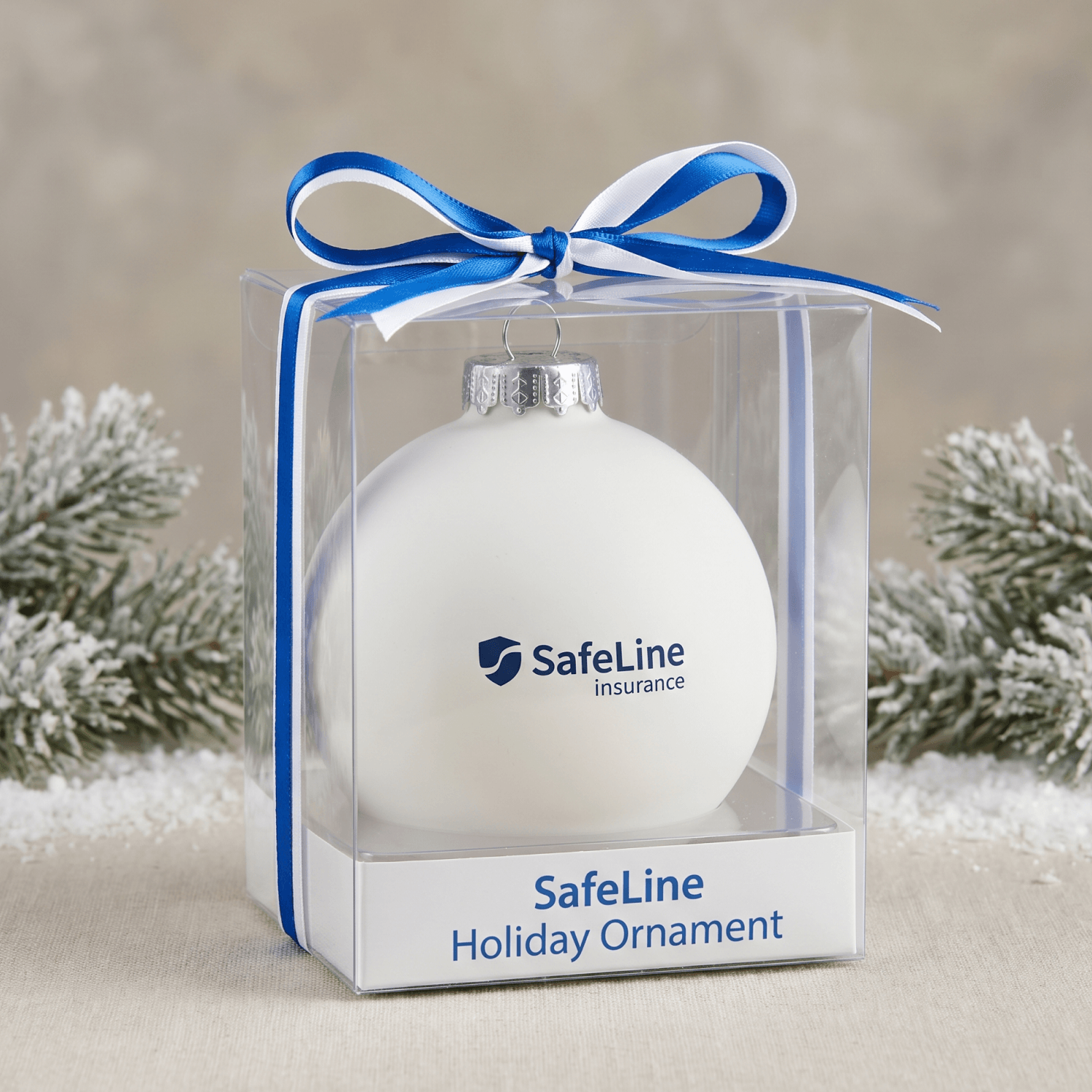 Корпоративный елочный шар с логотипом в прозрачной коробке SafeLine
