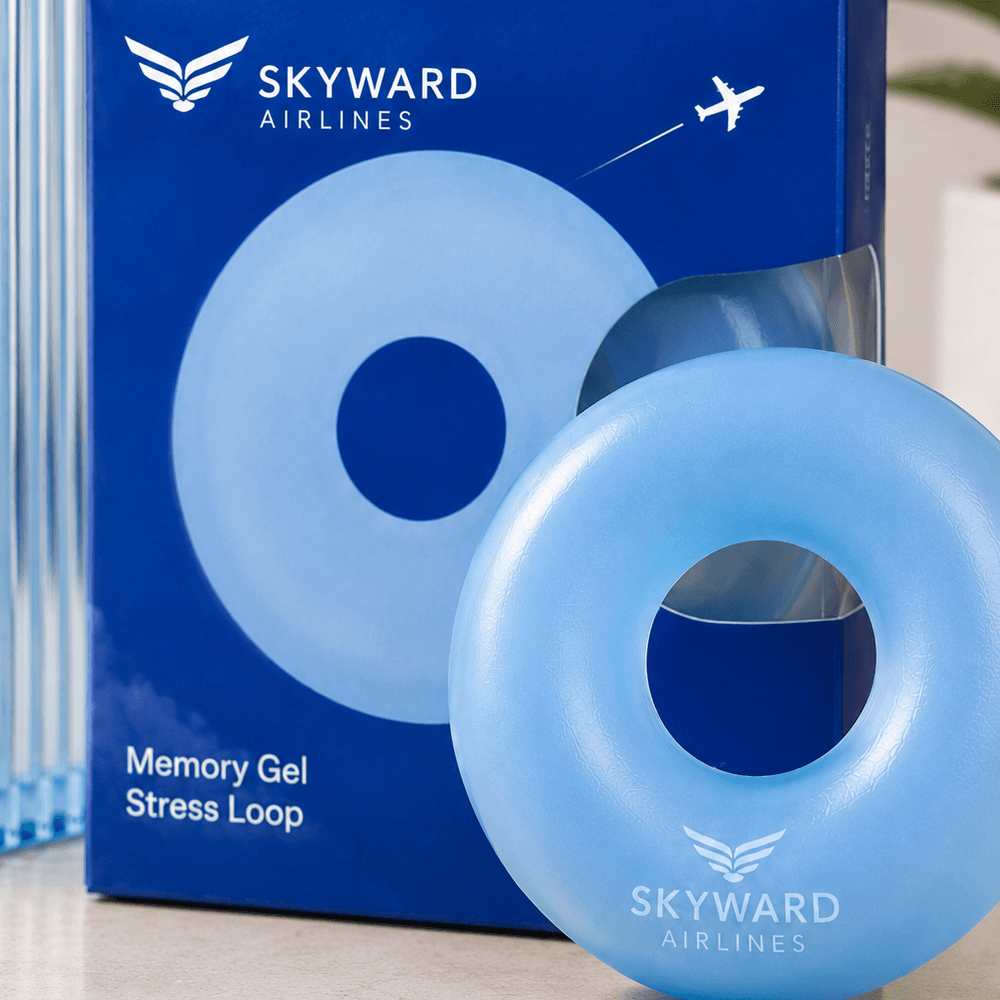 Крупный план фото Антистресс пончик с логотипом Skyward Airlines