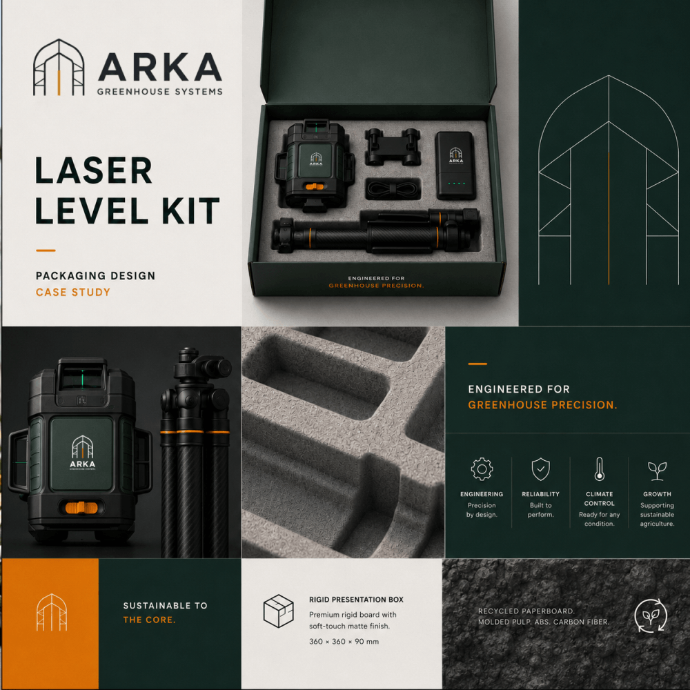 Презентация упаковки laser level kit ARKA Greenhouse Systems для тепличных комплексов