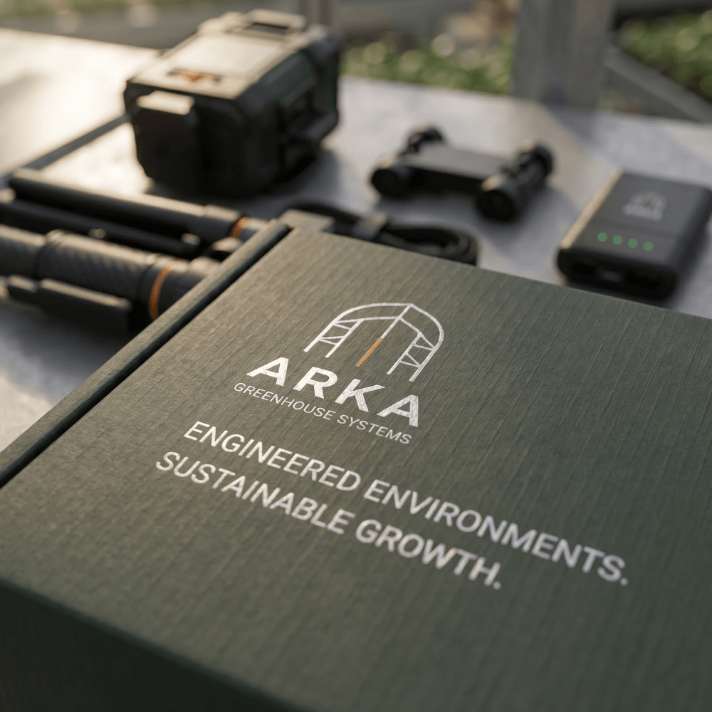 Фирменная коробка ARKA Greenhouse Systems с лазерным уровнем и B2B упаковкой