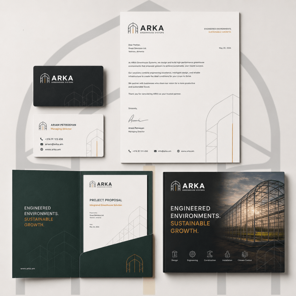 Фирменные носители ARKA: визитки, бланк, папка для коммерческого предложения и презентационный каталог
